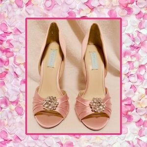 Betsey Johnson Pink Satin Heels with Rhinestone Detail